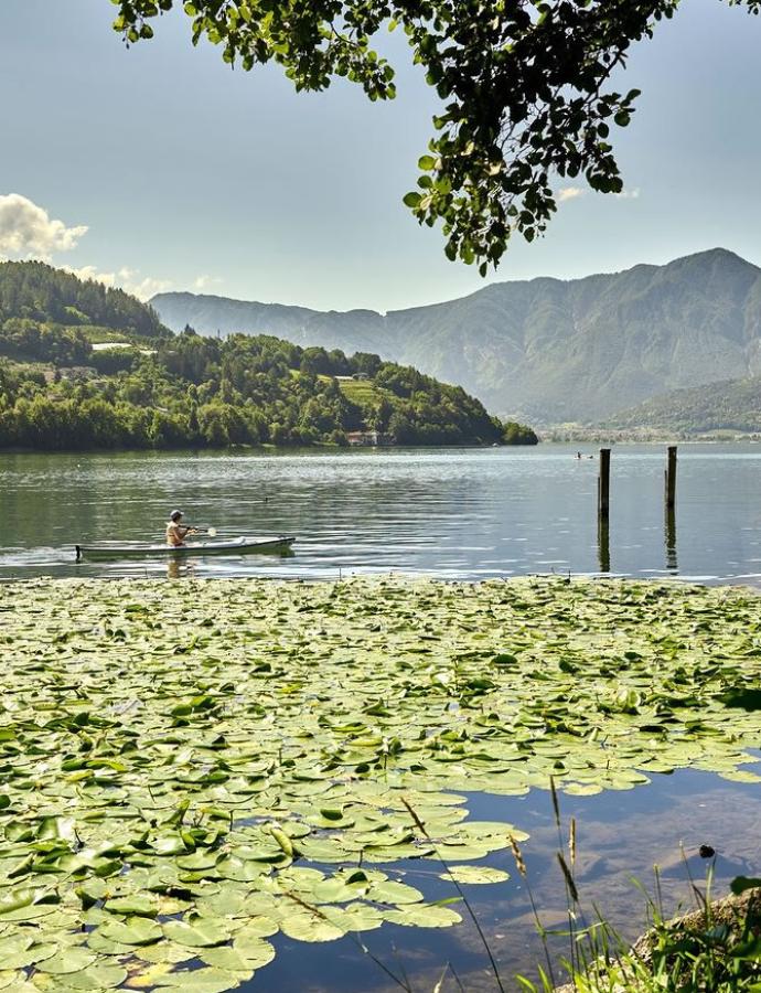 Lago con ninfee e canoista, montagne sullo sfondo.