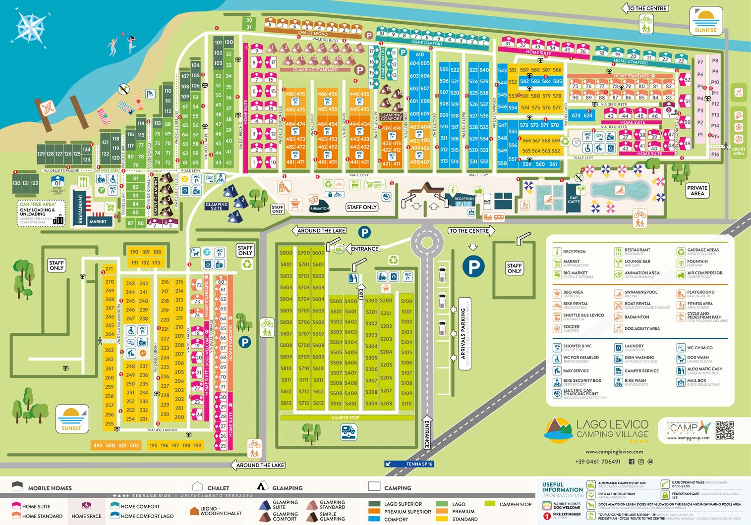 Mappa del Lago Levico Camping Village con aree per case mobili e glamping.